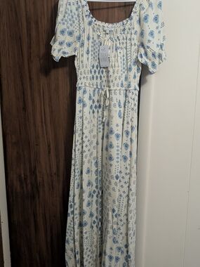 Patrons of Peace Cream Dress with Blue Floral Print NWT